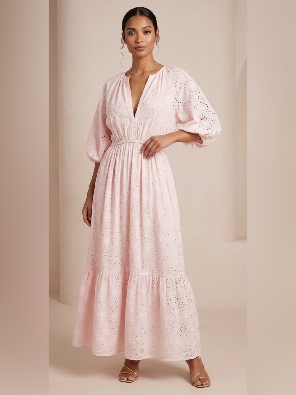 Eres Laureate Broderie Anglaise 100% Cotton Eyelet Maxi Maxi Soft Pink S/M EUC